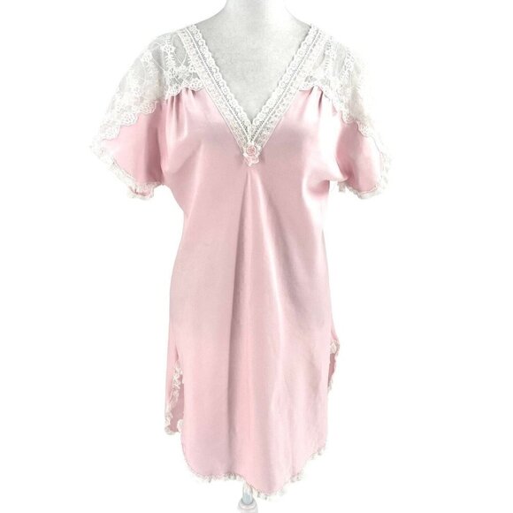 *Vintage 60s 70s Satin Lace Nightgown Mini Dress Coquette Baby Pink size Small - Picture 1 of 10